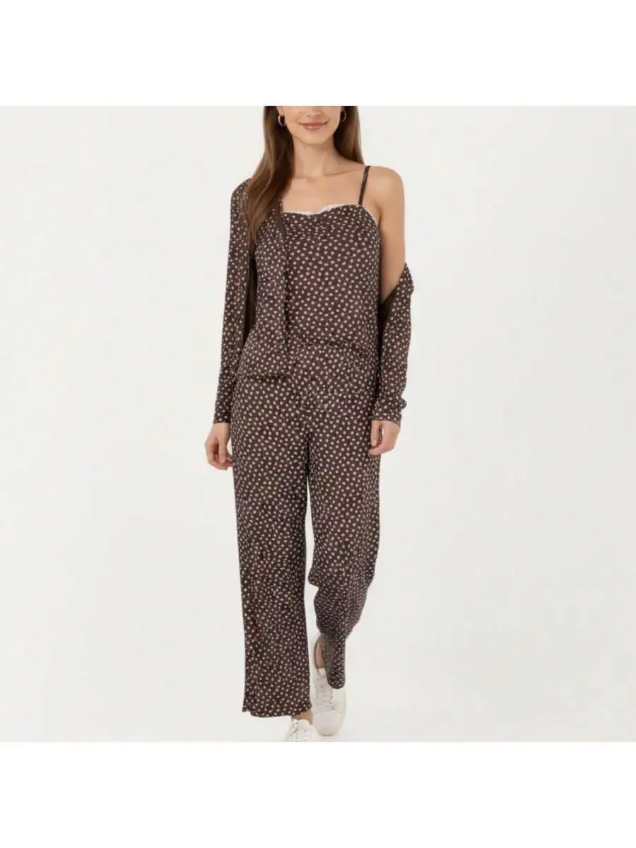 Womens 3-Piece Pajama Set Long Sleeve Button Top Camisole And Relaxed Fit Pants Soft Knit