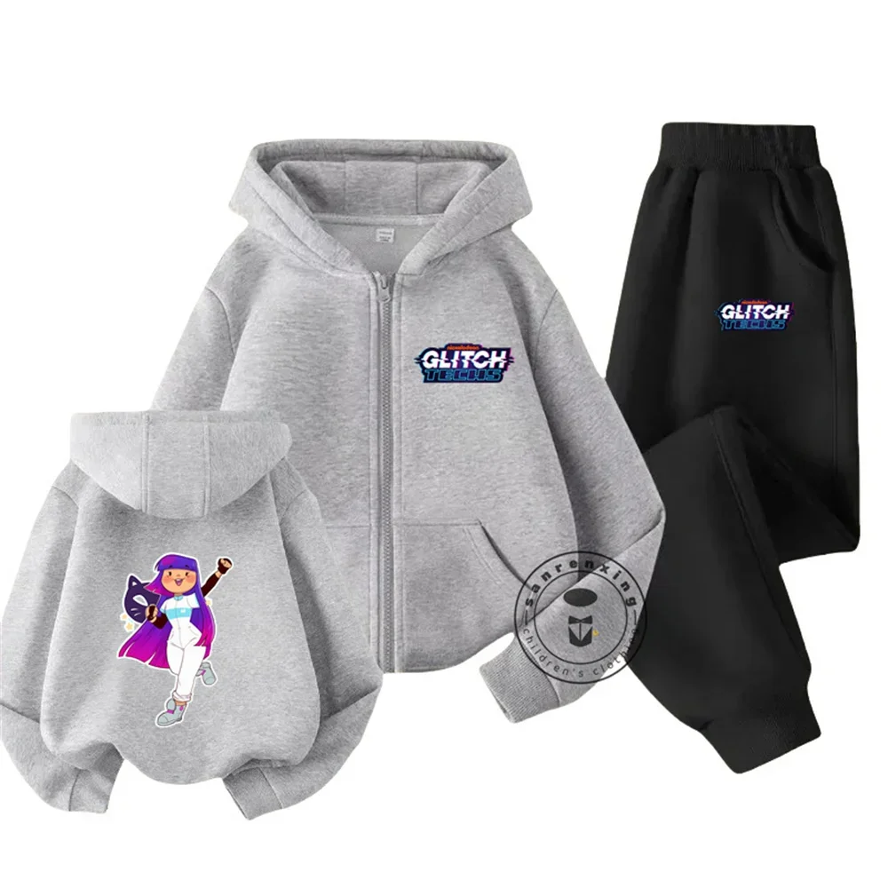 Kids Clothes Girls Boys Game Glitch Techs Long-sleeve Zipper Hoodies Pants 2 Pcs Sets Boys Anime Kawaii Clothes Suit