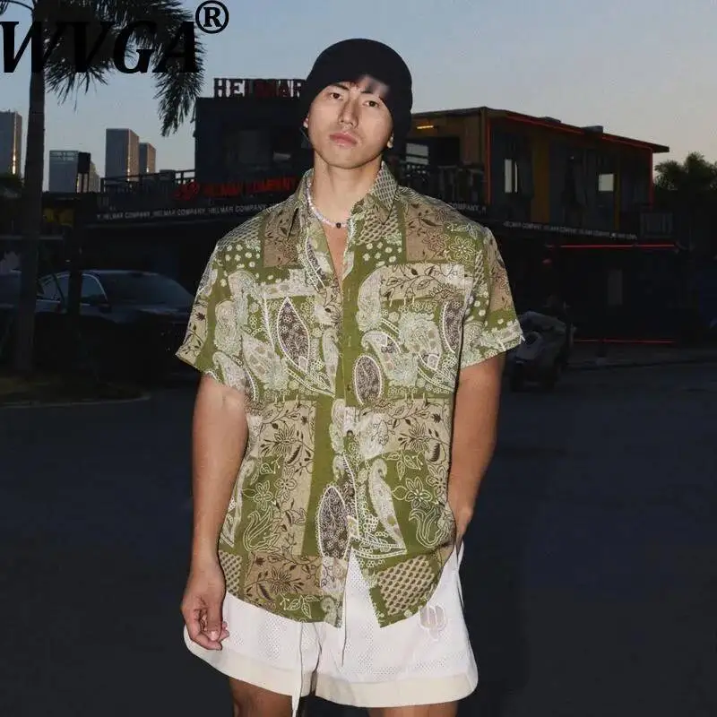 

WVGA Summer New Men's American Style Vintage Floral Printed Short Sleeve Shirt Niche Chic Casual Turn-Down Collar Top Ins W23856