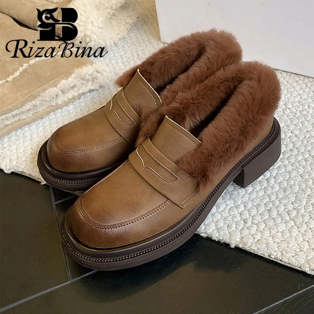 

RIZABINA Genuine Leather Women Loafers Shoes Warm Plush Thick Bottom British Style Shoes Ladies Fashion Winter Office Flat Shoes