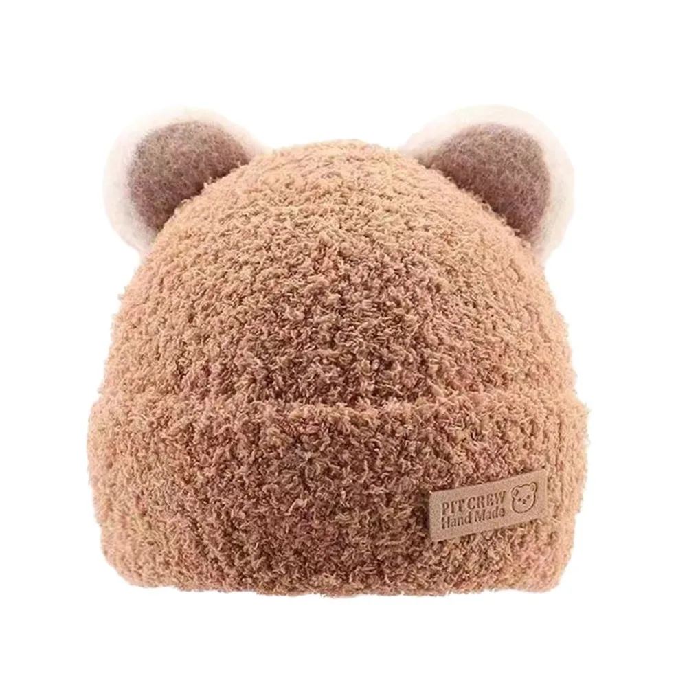

5 Months-3Year Windproof Solid Color Baby Knitted Hat Soft Plush Winter Hat Cute Cartoon Beanie Hats Boys Girls