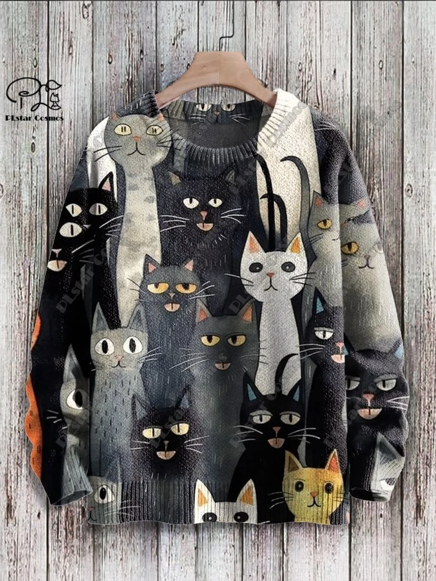 PLstar Cosmos new 3D printed animal series cute funny cat pattern ugly sweater winter street casual unisex M-9