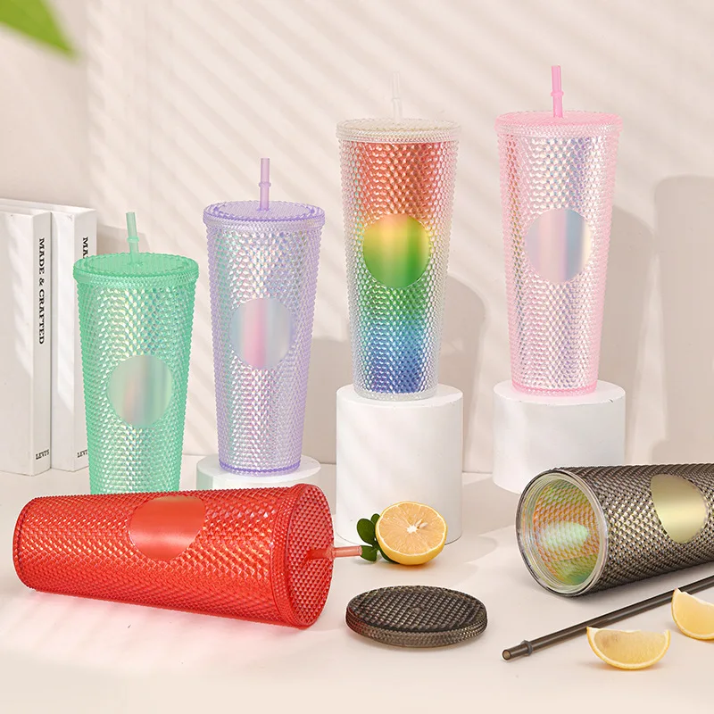 1PC 710ML Straw Cup with Lid Studded Finish Double Wall Coffee Mugs Plastic Studded Durian Tumblers Cold Bling Cup Customized