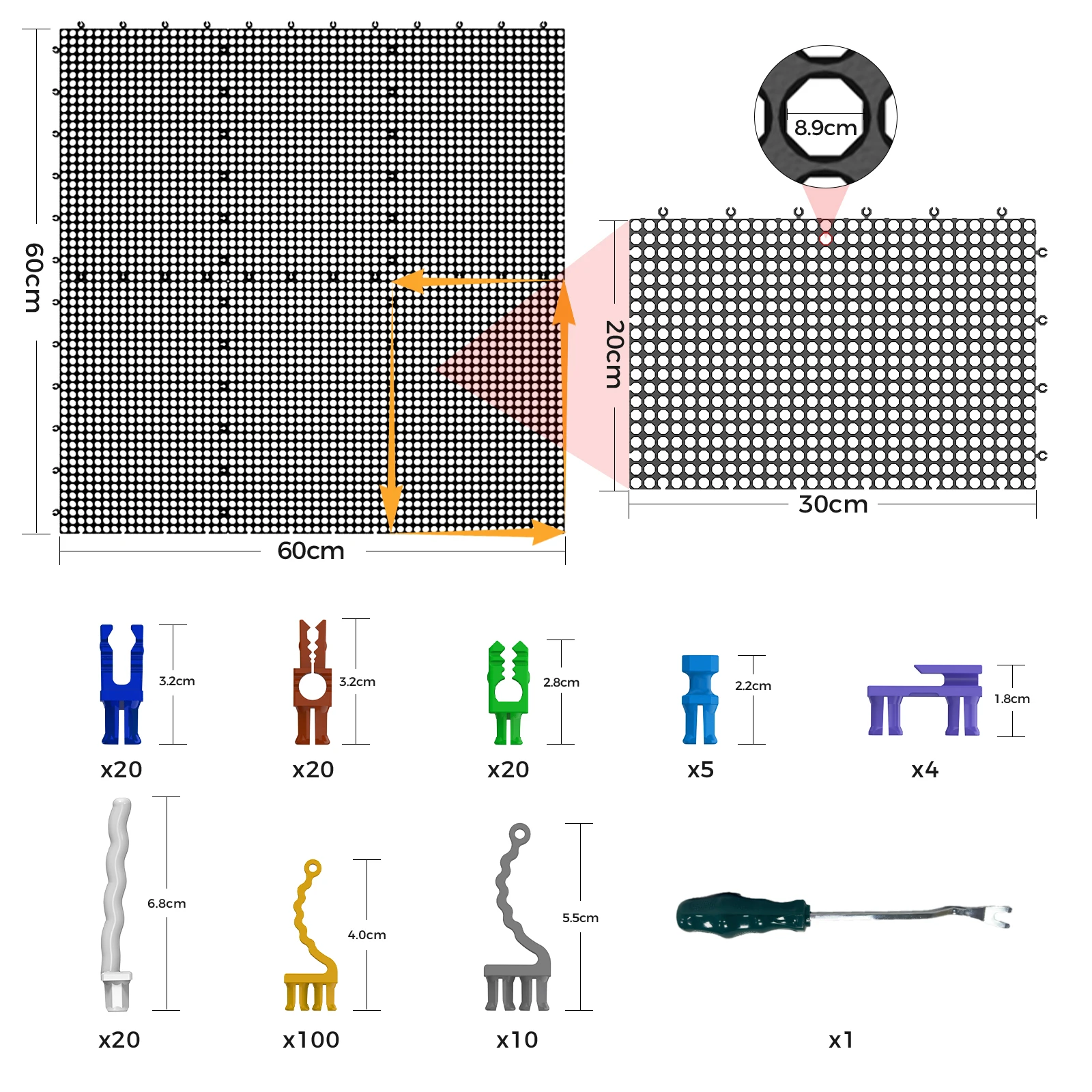 Plastic Pegboard Wall Organizer Kit, 6 Black Panels 60 x 60 cm, 200 Accessories with Hooks, Clips & Holders, Modular Tool Storag