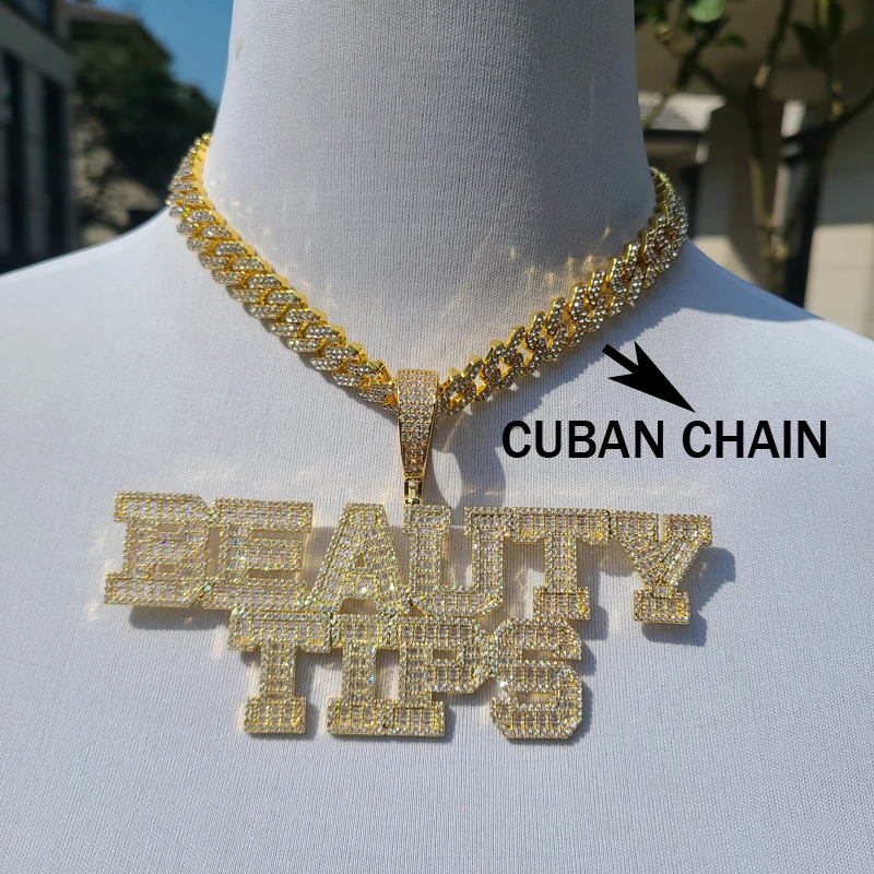Custom Word Necklace Iced Out  AAAA Zirconia  Baguette  Letters With Big Hoop Cuban Chain Pendant For Men Women Hip Hop Jewelry