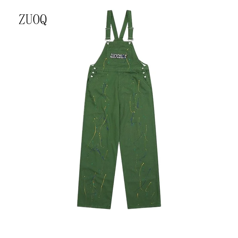 New 2025 Splash Ink High Street Strap Denim Pants Men American Vintage Casual Overalls Jeans Man