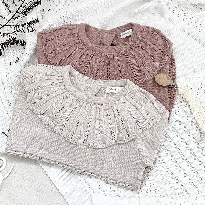 0-3Yrs Baby Girls Knitted Bodysuit Infant Newborn Long Sleeve Solid Ruffled Jumpsuit Outfit Baby Girls Spring Autumn Clothing