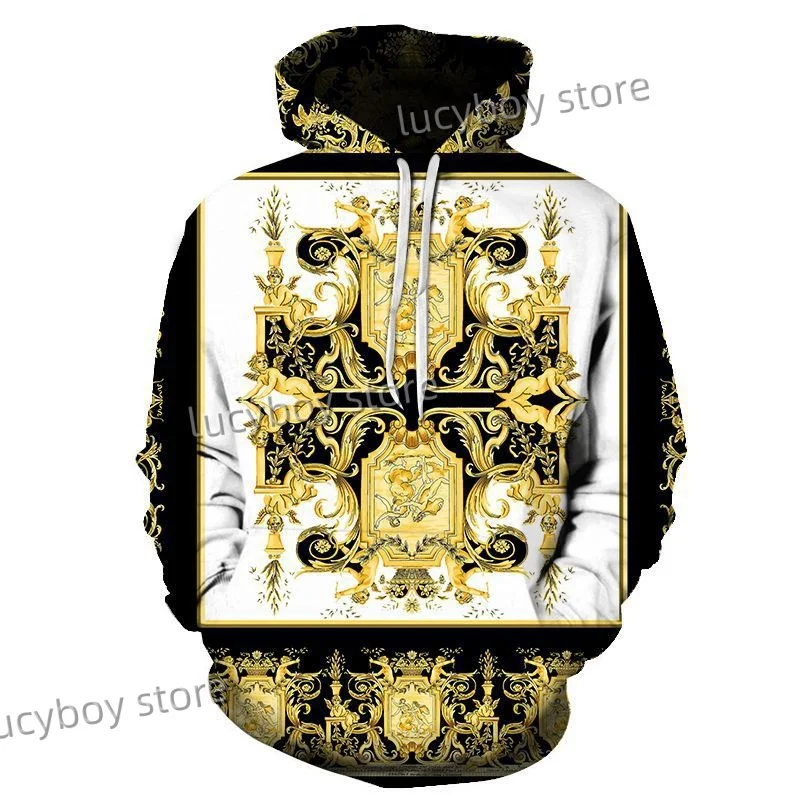 Men Gold Chain Print Loose Hoodies Street Fashion Hoodie Mens Long Sleeve Harajuku Graphic Hooded Sweatshirts Tops Men Clothing