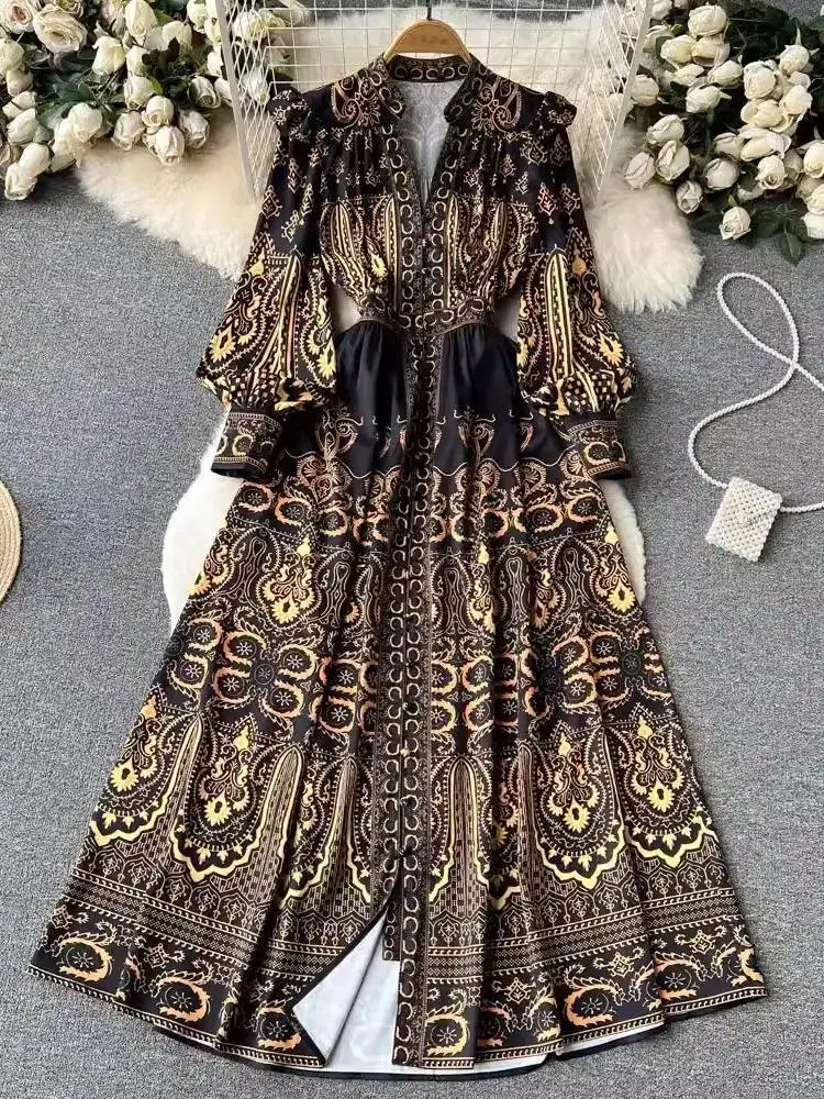 Vestido largo con volantes y estampado barroco de manga larga acampanada para mujer, vestido Vintage de otoño con cuello en V y una hilera de botones, vestido de flores