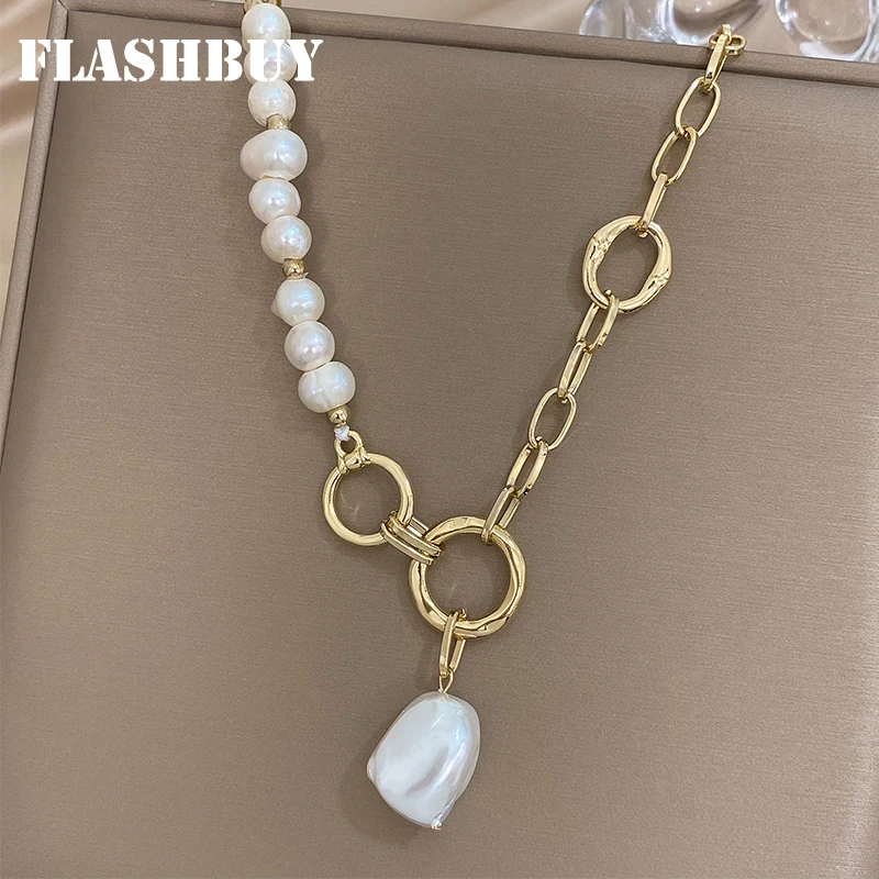 Flashbuy Trendy Chic Irregular Imitation Pearl  Pearl Necklaces for Women Chunky Chain Elegant Geometry Pearl Necklaces Gift