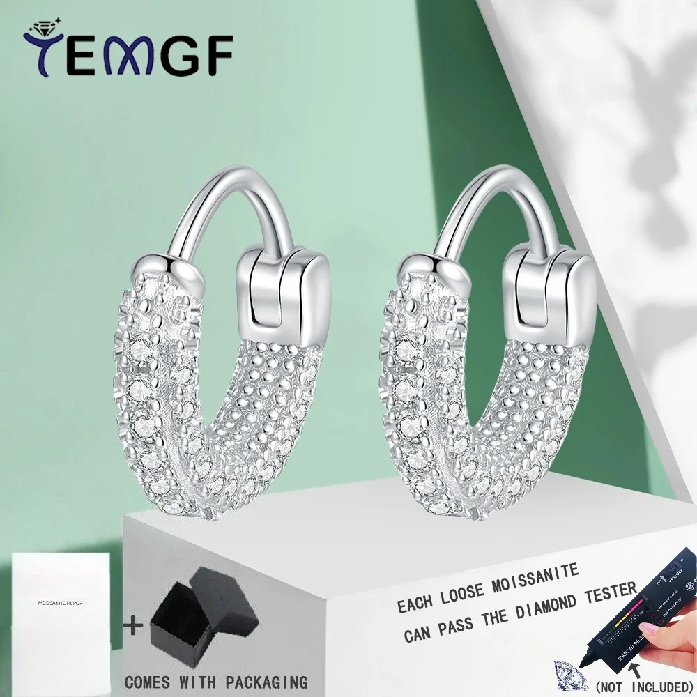 

TEMGF Full 1.3mm Moissanite Hoop Earrings GRA Certification S925 Sterling Silver Ear Studs for Women Sparkling Fine Jewelry Gift