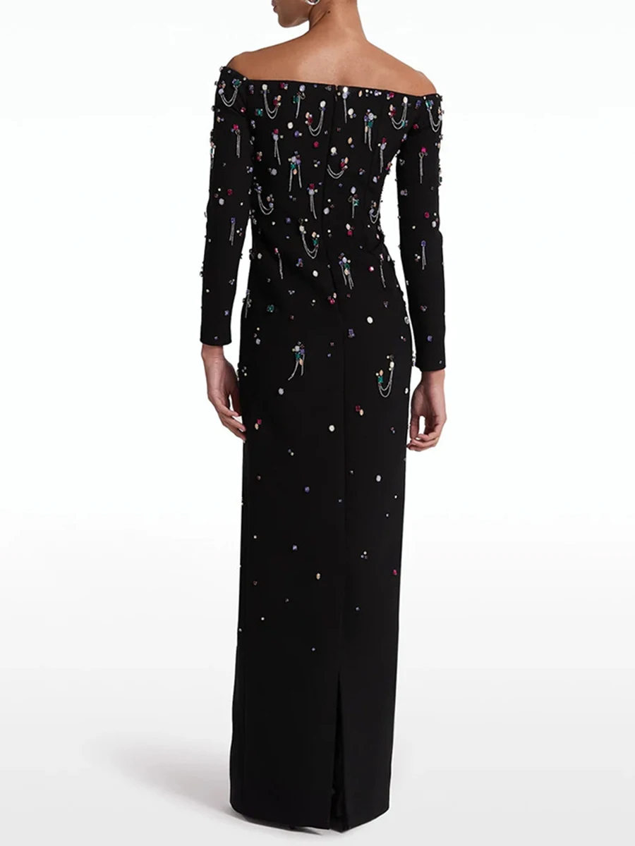 TWOTWINSTYLE Elegant Spliced Diamonds Slimming Dresses For Women Slash Neck Long Sleeve High Waist Temperament Dress Female New