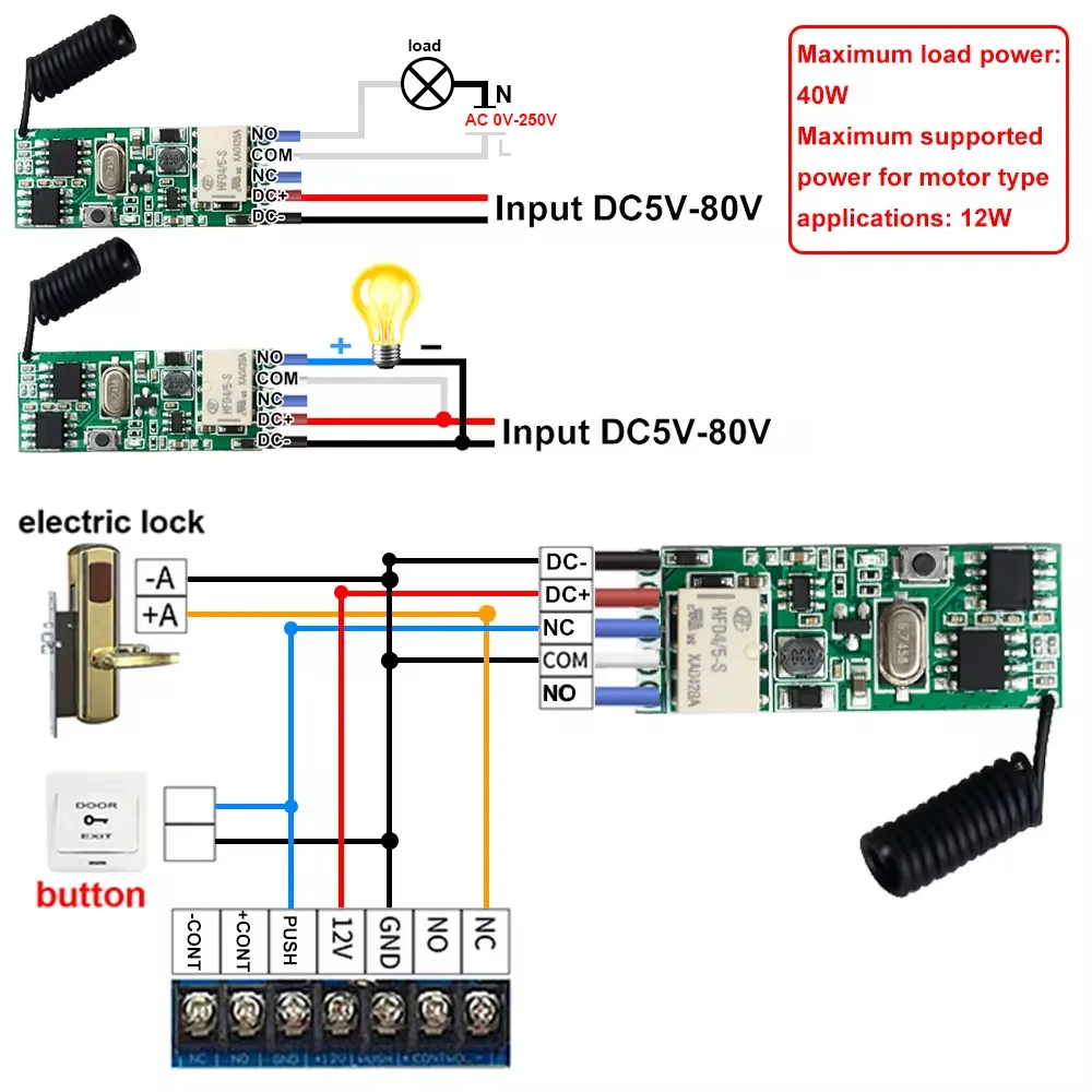 Universal Wireless Remote Control Switch 1 CH RF Relay Receiver LED Light Controller DIY Kit DC 5V 12V 24V 48V 80V 433.92MHz