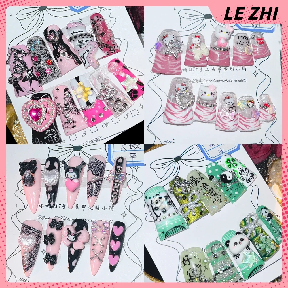 Cool Y2K Spicy Girl Duckbill Hello Kitty Kuromi Press On Nails Art XL Square Stiletto Coffin Punk Metal Diy Handmade False Nails