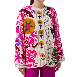 Women's Printed Cotton-Padded Coat Round Neck Single Breasted Pocket to Modify Temperament Casual Long-Sleeved New