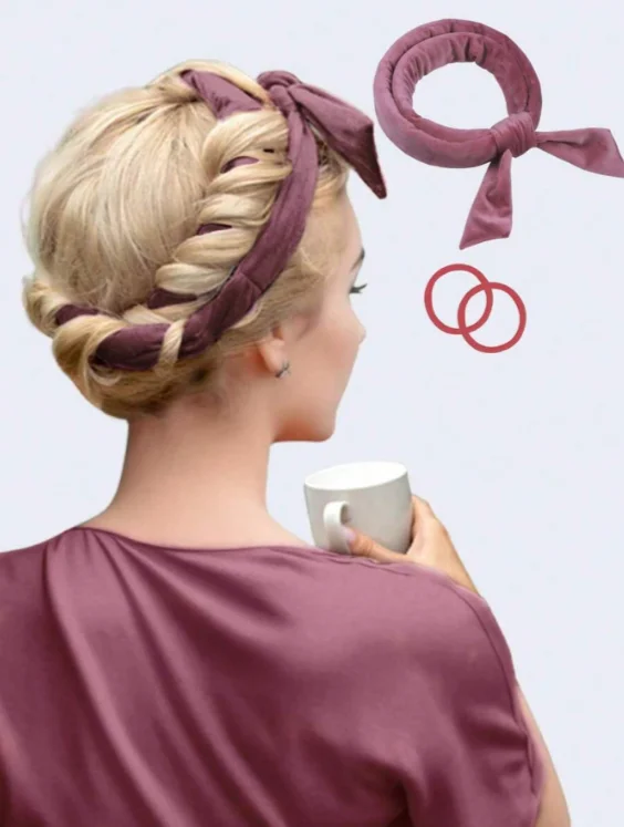 Velvet Bow No Heat Hair Curling Headband, Lazy Sleep-in Heatless Curler Rod With 2 Rubber Bands, Women Natural Wave DIY Styling Tool