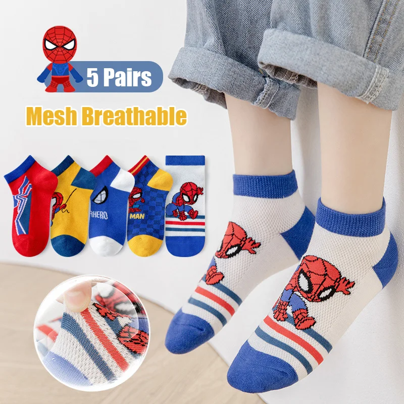 

5 Pairs Cartoon Marvel Spiderman Kids Socks Cotton Summer Mesh Breathable Children socks Baby boys short socks 1-12 Years