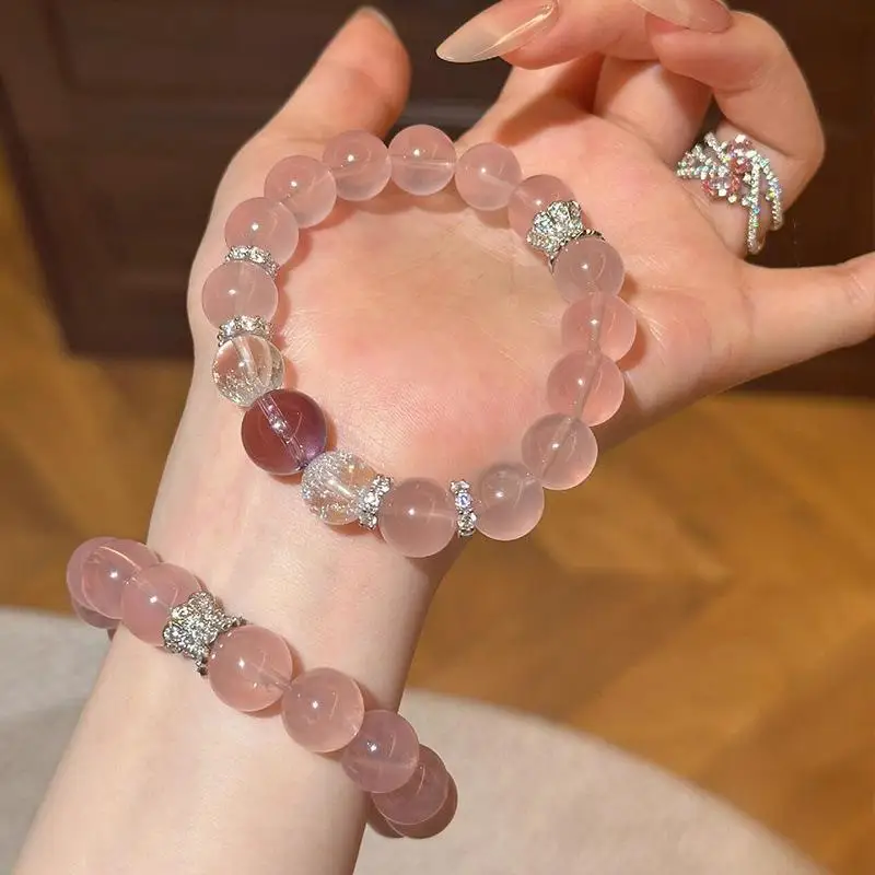 Women Stone Bracelet Imitation Icy Clear Pink Quartz Amethyst Transfer Bead Wrist Chain Love Luck Attracting Crystal Jewelry