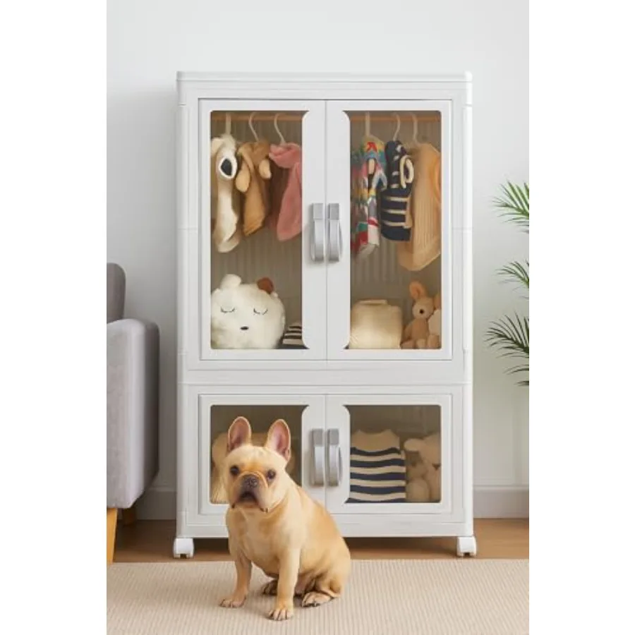 Pet Clothing Storage Cabinet with Hanging Rod Foldable Plastic Storage Bin 2-Tier Dog Clothes Organizer for Small Pets Lightwei
