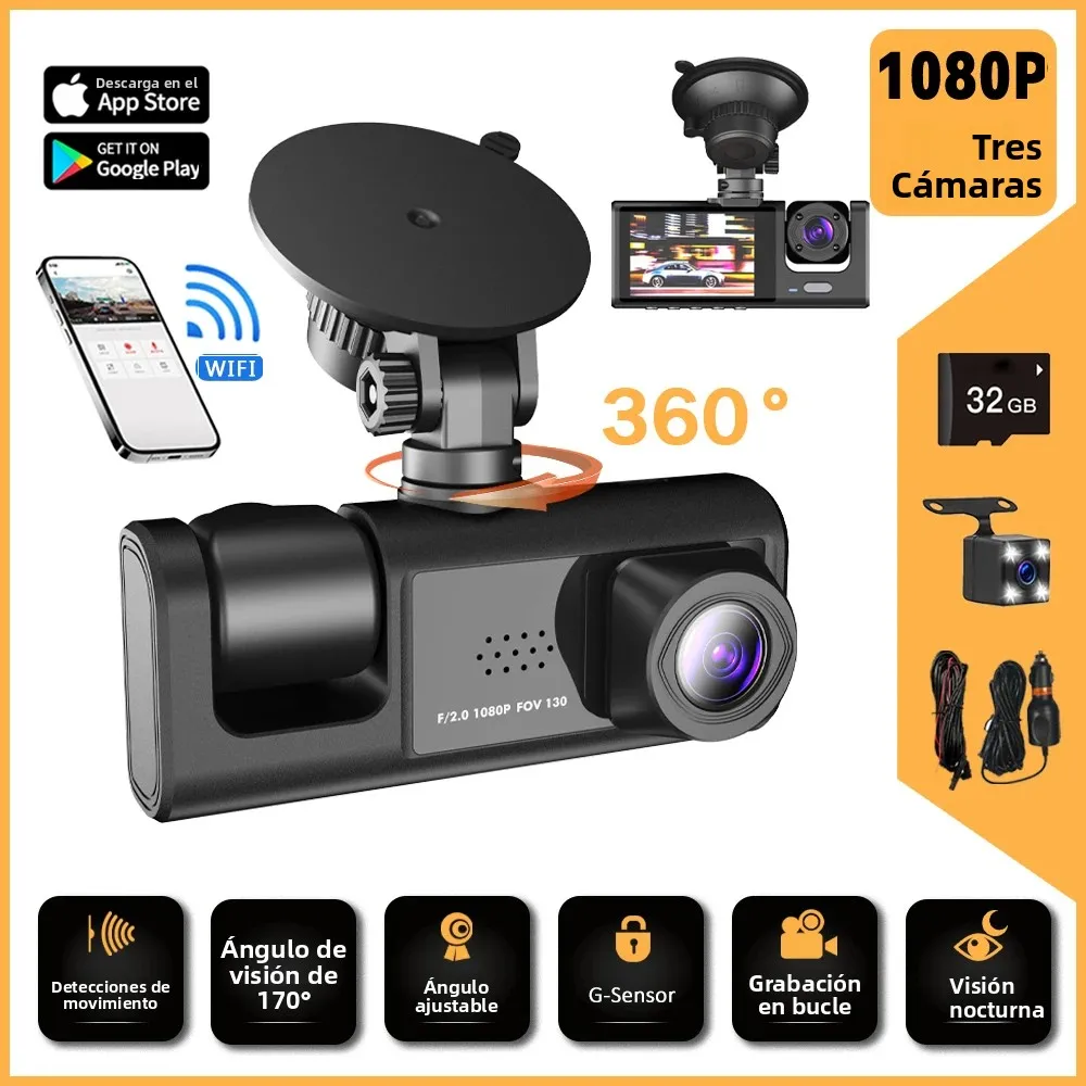 Cámara para Auto de 3 Canales con Visión de 360° ° Grabadora de Video con Visión Nocturna para Automóvil, Wi-Fi Integrado, HD 1080P, Tres Lentes, Monitoreo 24H, Cámara para Auto