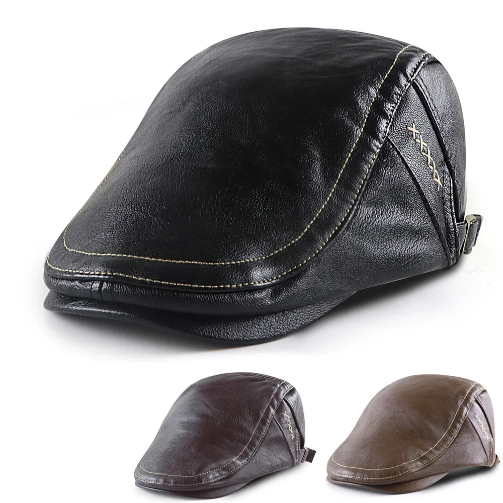 New Faux Leather Newsboy Hat Men Plush Warm Flat Cap Autumn Winter Cabbie Hats Duckbill Visor Boinas Beret Caps for The Elderly