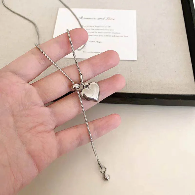 Stainless Steel Long Necklace with Heart Pendant Adjustable Chain Sweater Jewelry for Women Accessories image 3