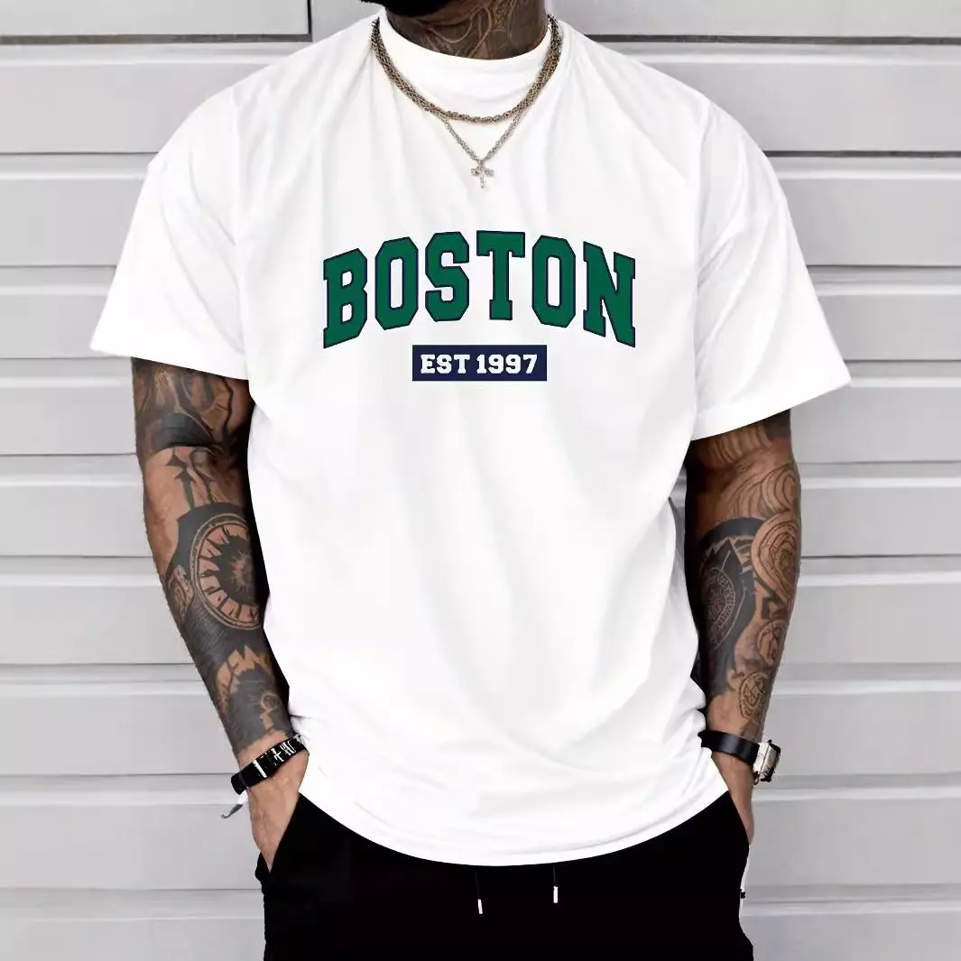 

Men's Letter-printed Round-neck Short-sleeved Shirt, Summer Casual Plus-size Loose T-shirt, Breathable Elastic Pattern T-shirt