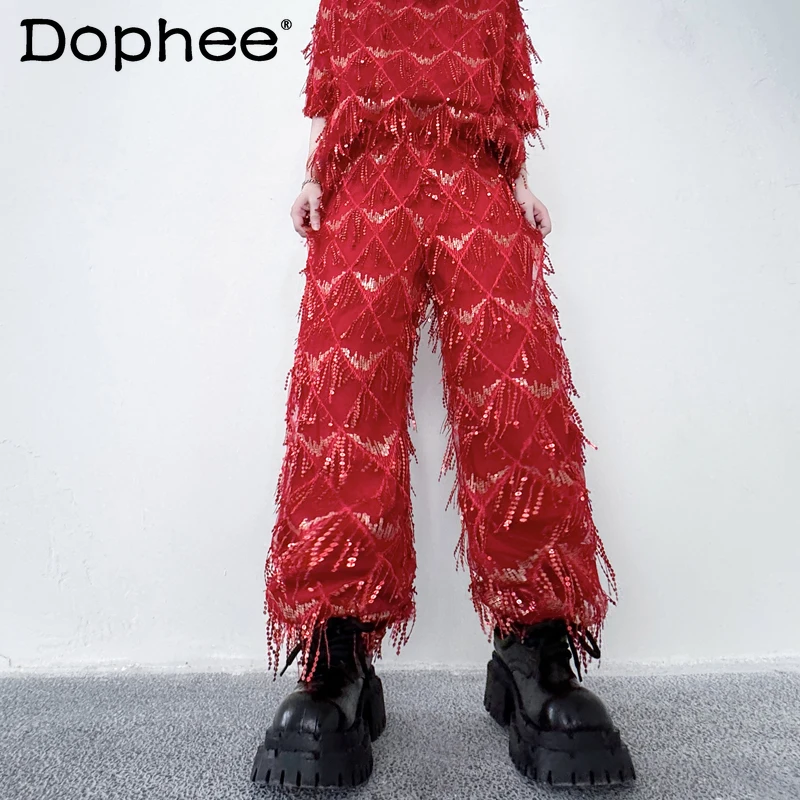 

Men Women 2025 Autumn New Trendy Long Pants Fashion Tassel Sequin Design Pants Personality Sparkling Solid Color Chic Trousers