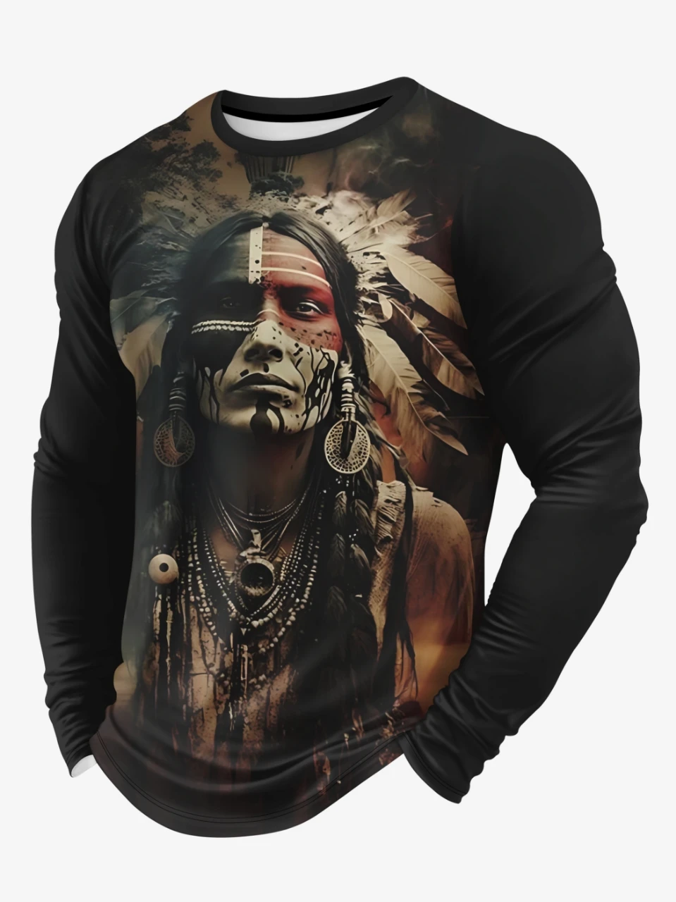 

Spring and Autumn Men's Casual Long Sleeve Round Neck T-Shirt Army Chief 3D Printed Polyester Knitted Fabric