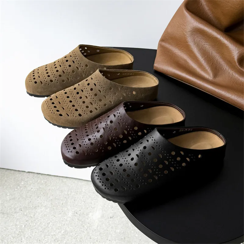 

New Summer Women Slippers Genuine Leather Round Toe Shoes for Women Fashion Hollow-out Mules Cover Toe Slippers Low Heels Shoes