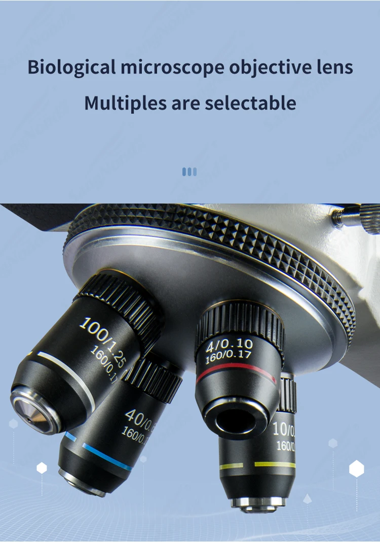 Lensa objektif mikroskop biologi 185 - 195, 4X, 10X, 20X, 40X, 60X, 100X, lensa imersi minyak akromatik, ukuran instalasi 22.2