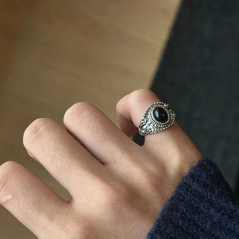 Thai Silver Black Agate Ring Retro Medieval Style Tail Rings Personality Ins Men's Women's Classical Open Size Finger Jewelry