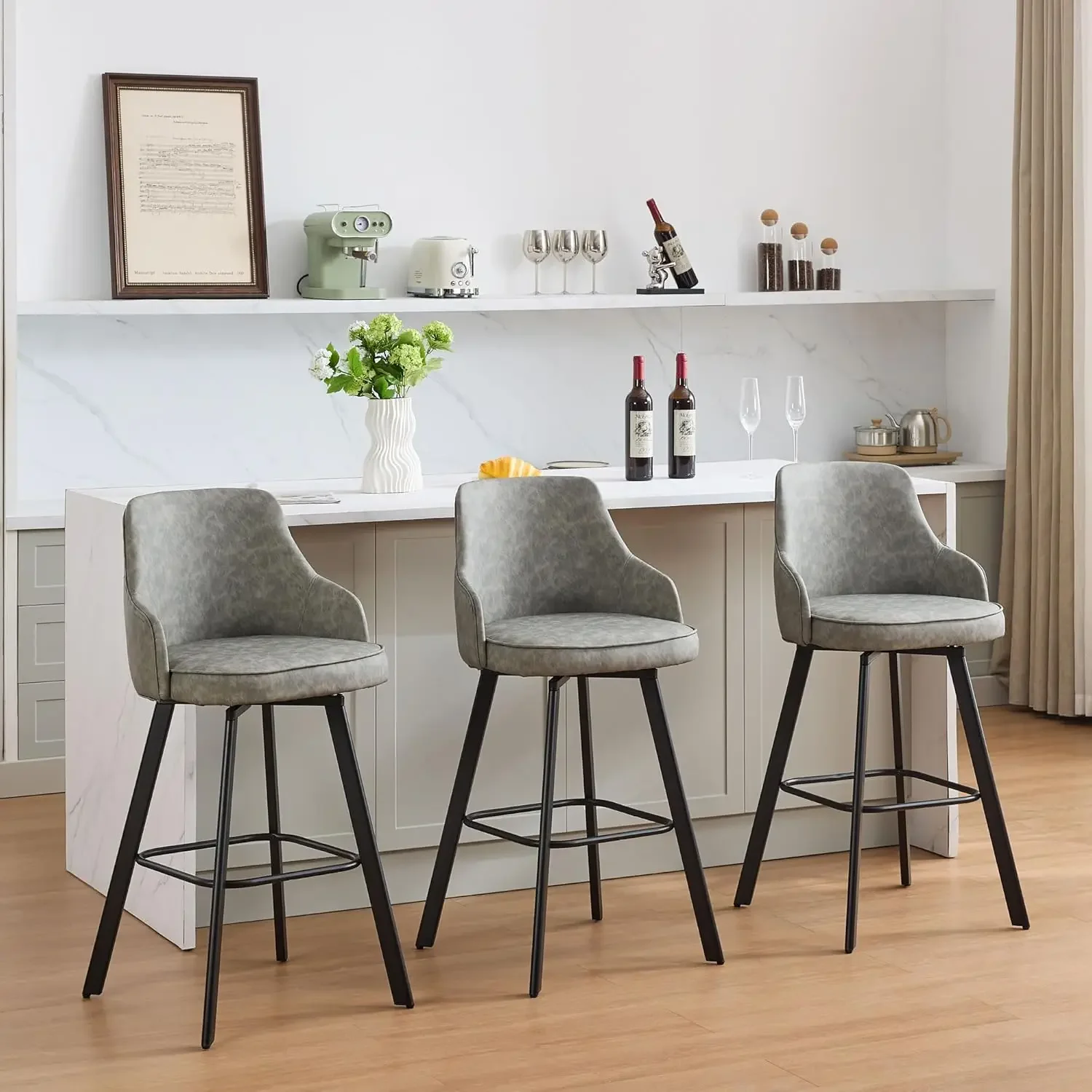 

Set of 3 30" Swivel Bar Height Bar Stools with High Back Faux Leather Kitchen Island Bar Height Light Grey