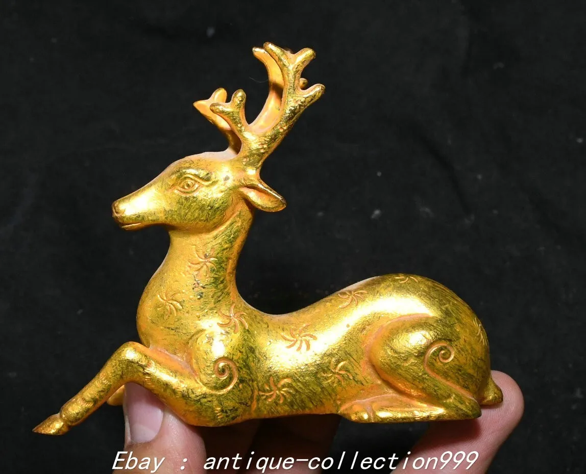 

3.9 Inch Old Dynasty Pure Bronze Gold Plated Feng Shui Sika Spotted Deer Beast Animal Statue - Brass Gilt