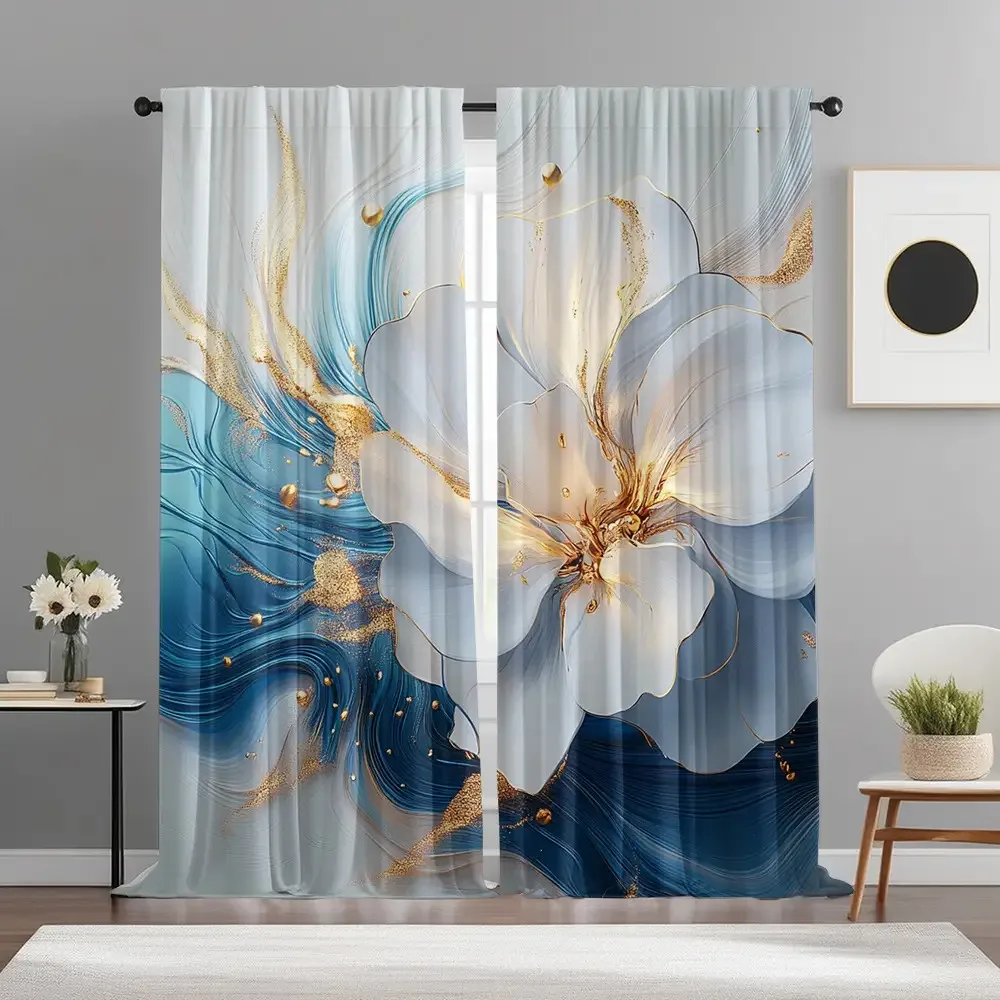 2pc Navy blue and white floral patterned curtains, made of polyester, machine washable, suitable for bedrooms and living rooms.