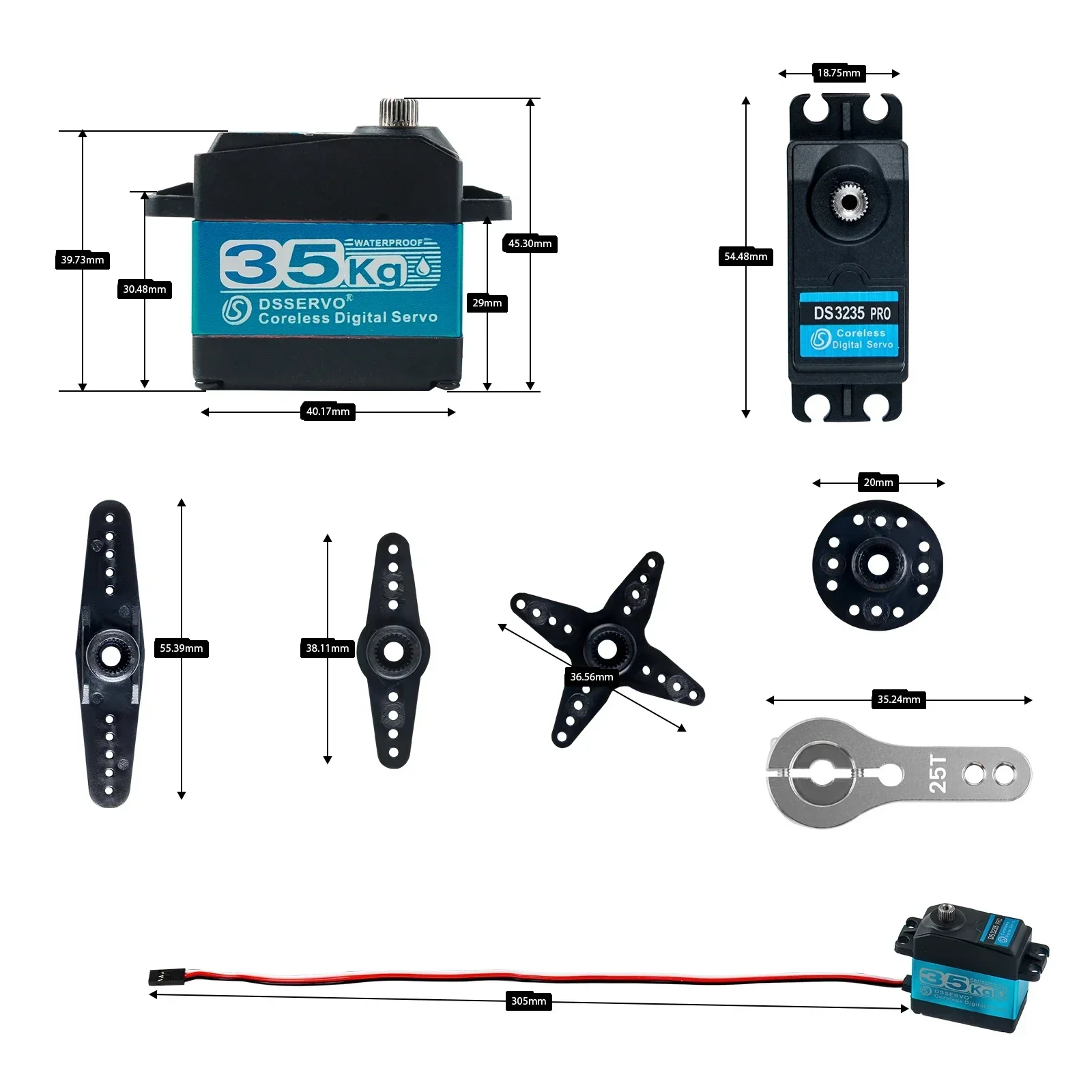 เซอร์โวดิจิตอลเซอร์180/270องศามอเตอร์แบบไม่มีแกนหมุน25T สำหรับหุ่นยนต์35kg DS3235 Pro