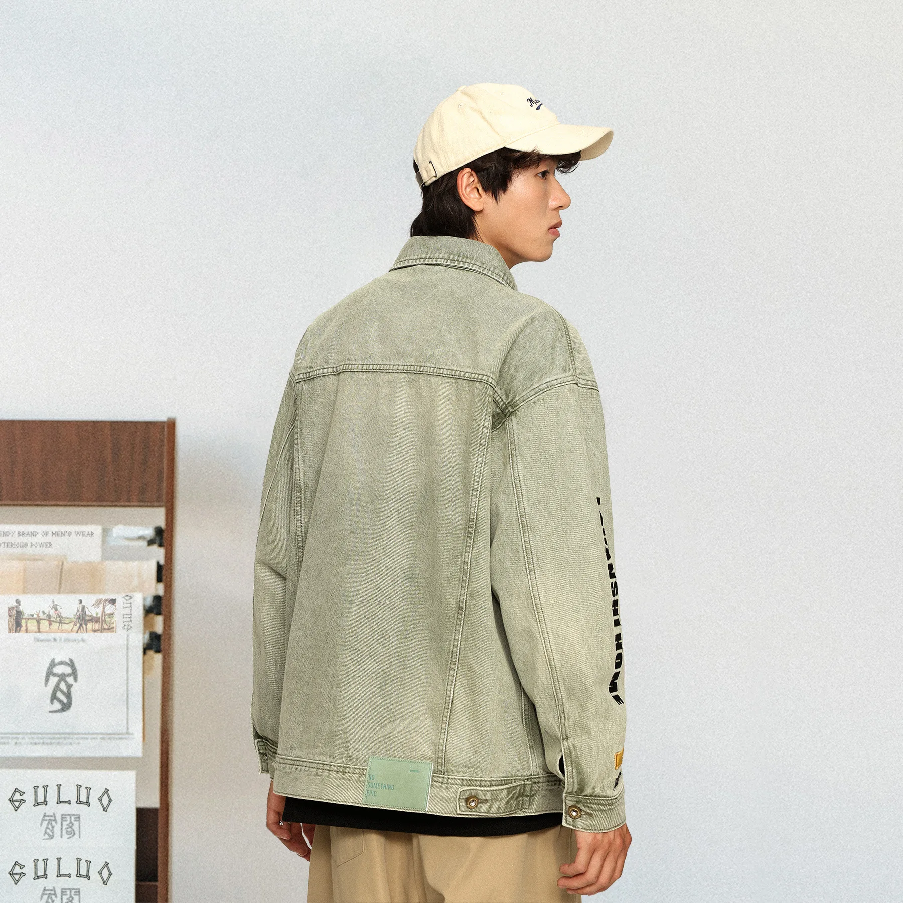 Spring Autumn Retro Khaki Washed Denim Jacket Men Letter Graphic Lapel Loose Daily Streetwear Green Motorcycle Outerwear