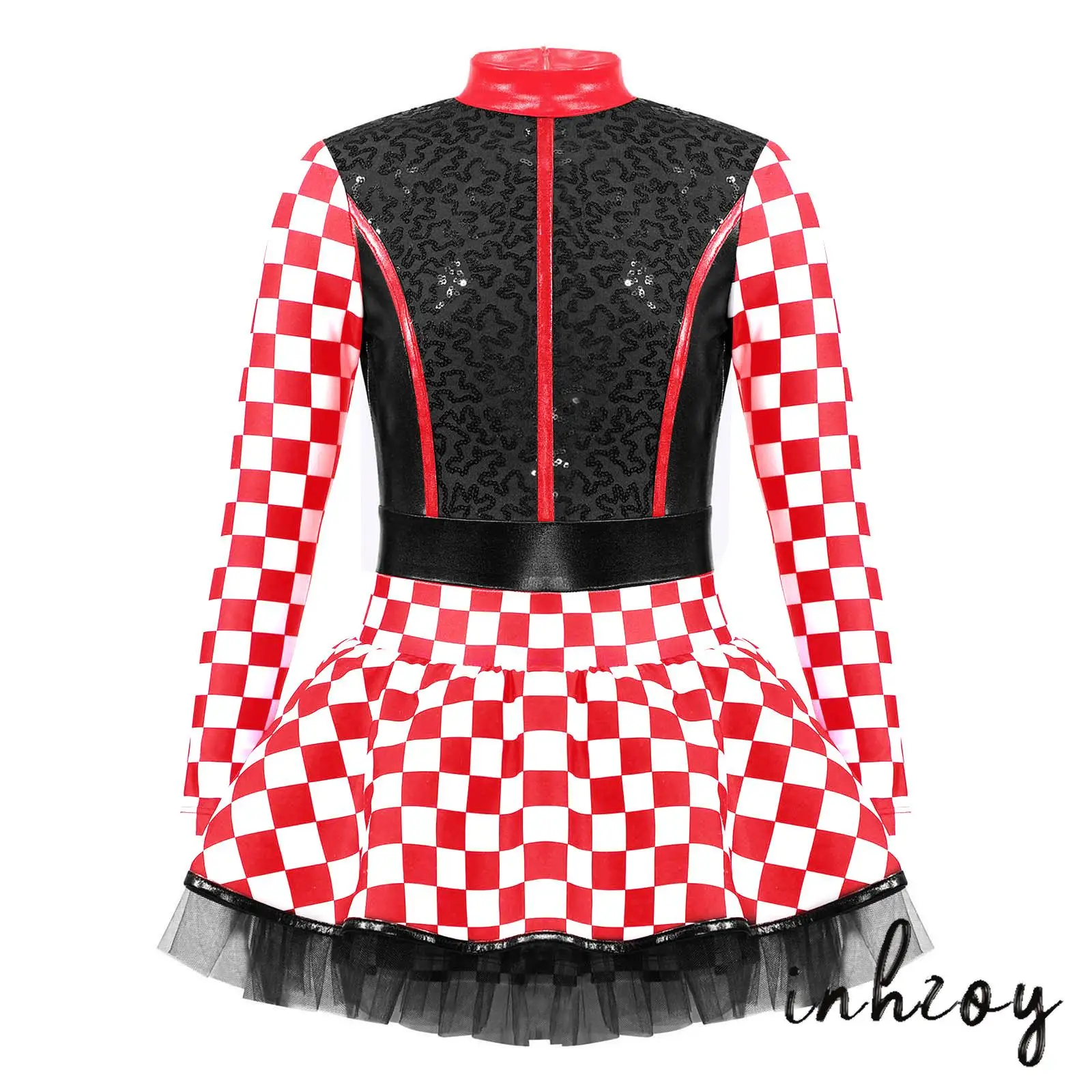 

Girls Racer Costume Checkerboard Long Sleeve Sequins Tutu Dress Halloween Cosplay Queen Racer Dress Up Jumpsuit Costume
