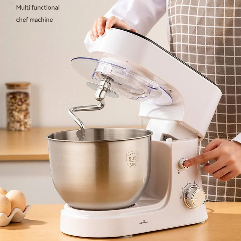 US Plug Household Desktop Automatic Cooking Machine,Stainless Steel Dough Mixer, Cream Multi-function Blender,Egg Beater,White