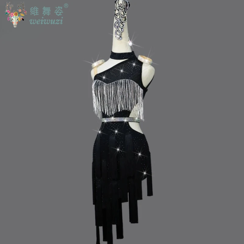 Costume professionnel de danse latine pour femmes, robe à franges avec pierres AB personnalisées pour adultes, vêtements de spectacle Tango Samba Rumba