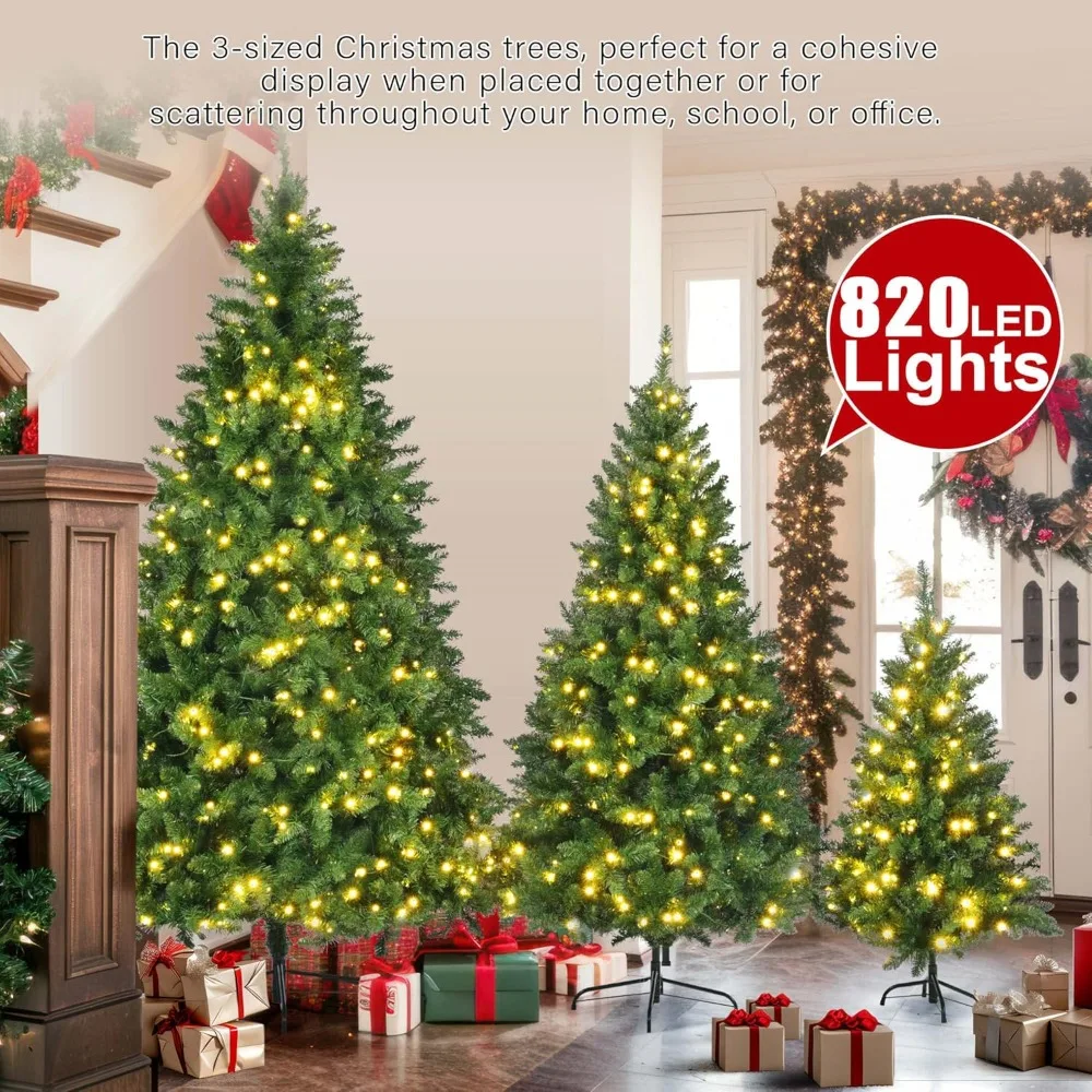 Christmas Tree Pre-Lit Artificial Pine 8FT,6FT,4FT,Set of 3 Hinged Xmas Trees with 820Warm-Yellow LED Lights and 2539Branch Tips