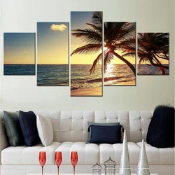 5 Pieces Canvas Art Painting Sea Sunset Palm Trees Landscape Poster Home Decoration Living Room Wall Picture Print Bedroom Mural