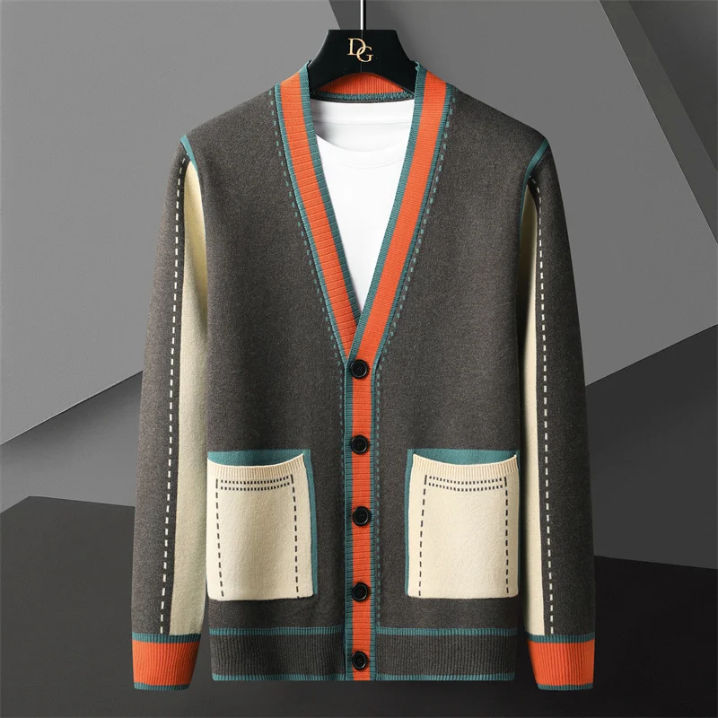 High Quality Contrasting Colors Line Decoration Knitting Cardigan Man Long Sleeve Slim Fit Sweater Cardigan Male Garment Coat