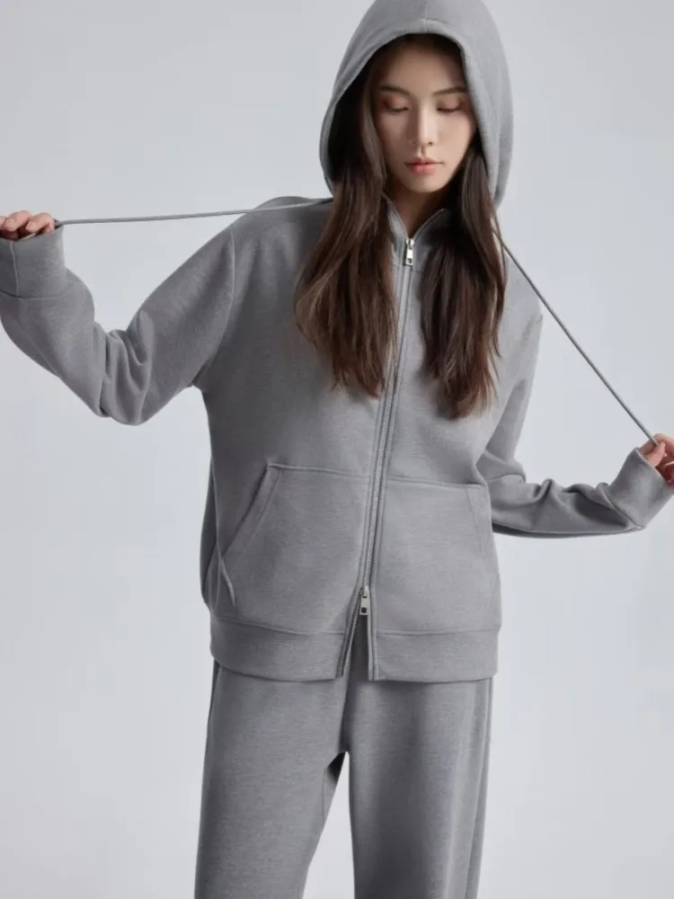 

New Autumn Casual Woman Tracksuit Two Way Zipper Hoodie And Long Trouser Two Piece Set Winter Sweatshirt + Wide Leg Pant Sets