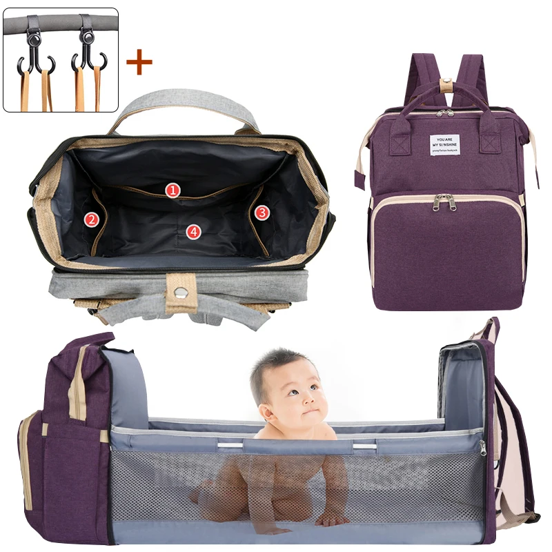 Portable 2-in-1 Diaper Bags Baby Folding Bed Mother Backpacks with Changing Mat Convenient Baby Nursing Bags Large Capacity