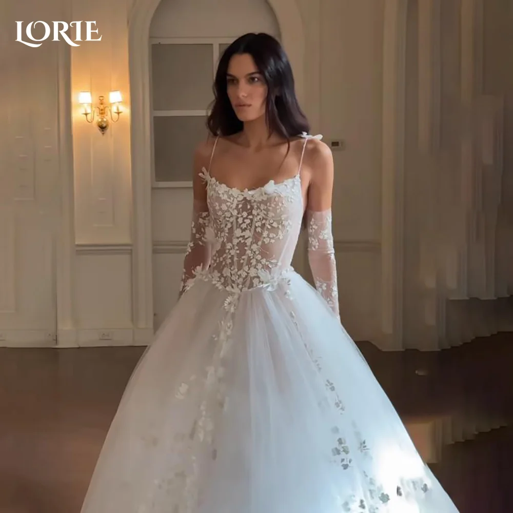 

LORIE 3d Flower Wedding Dresses A-Line Lace Applique Illsion Corset Bridal Gown Spaghetti Strap Princess Party Dress Customized