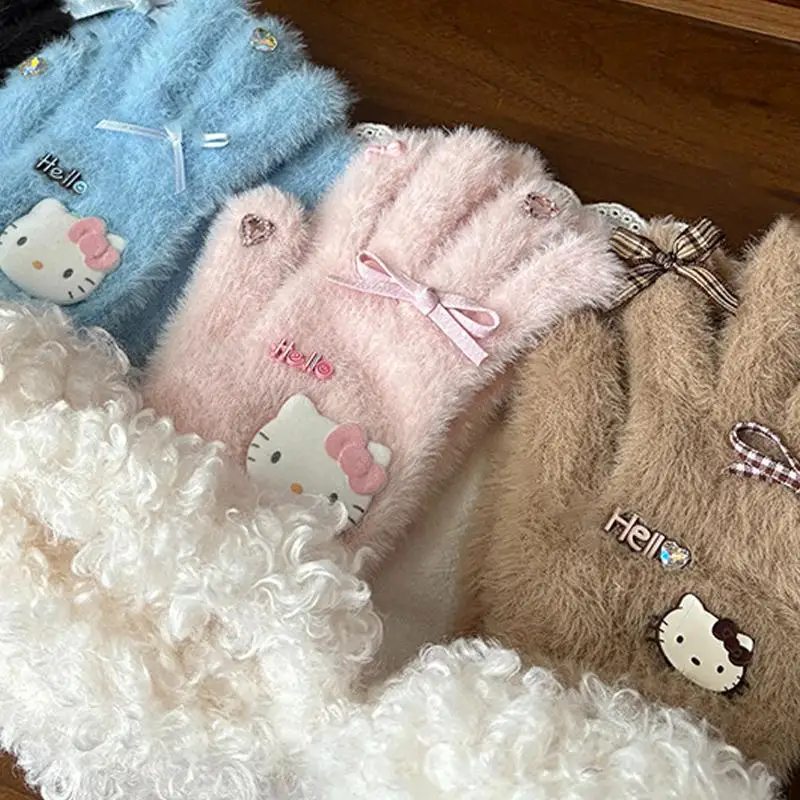 

Sanrio Ladies Cartoon Hello Kitty Winter Full Finger Gloves Women Men Warm Luxury Solid Color Plush For Driving Outdoor Sports