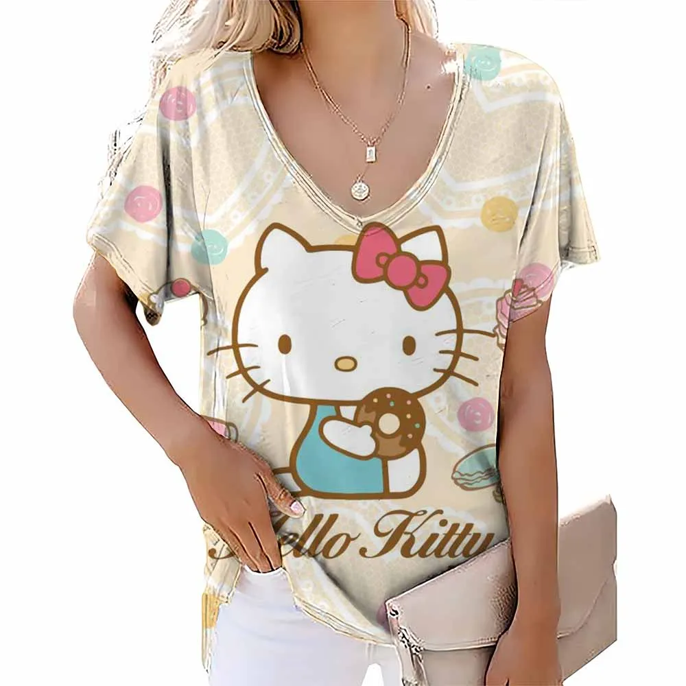 Summer new fashionable women's V-neck bloody shirt solves the problem of T-shirts and interesting Hello Kitty print coats Y2K