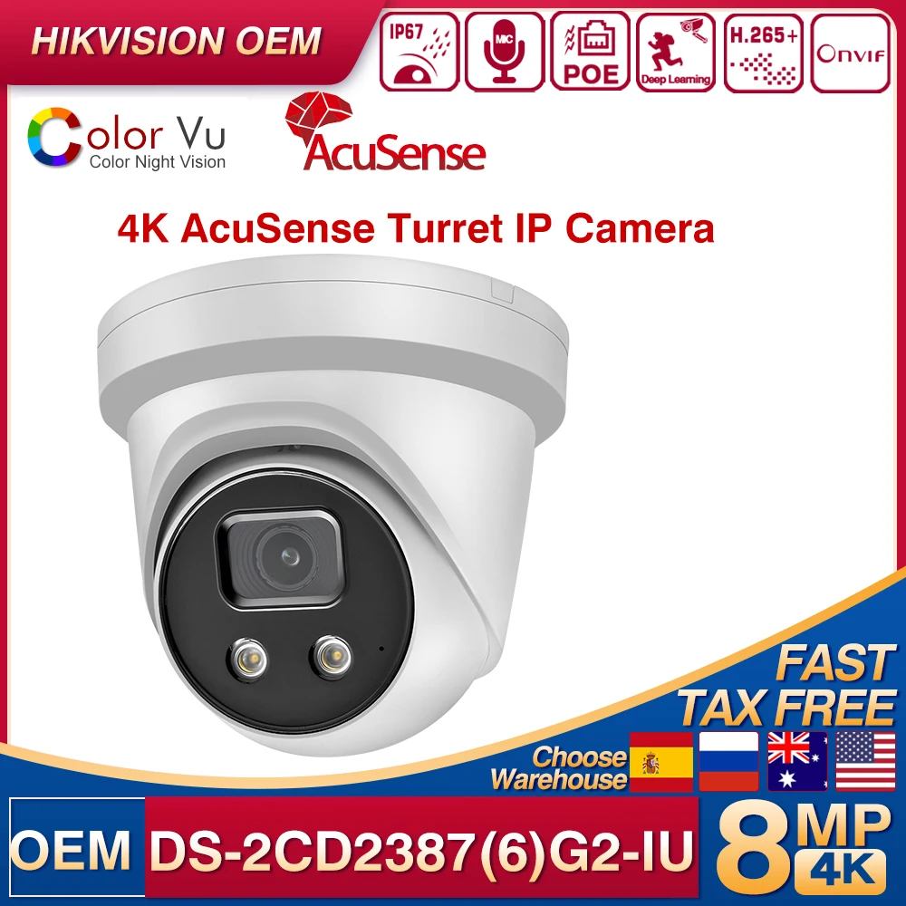 HIKVISION OEM 4K 8MP PoE Color DS-2CD2387G2-IU Camera Acusense DS-2CD2386G2-IU Security Protection Surveillance Network Camera