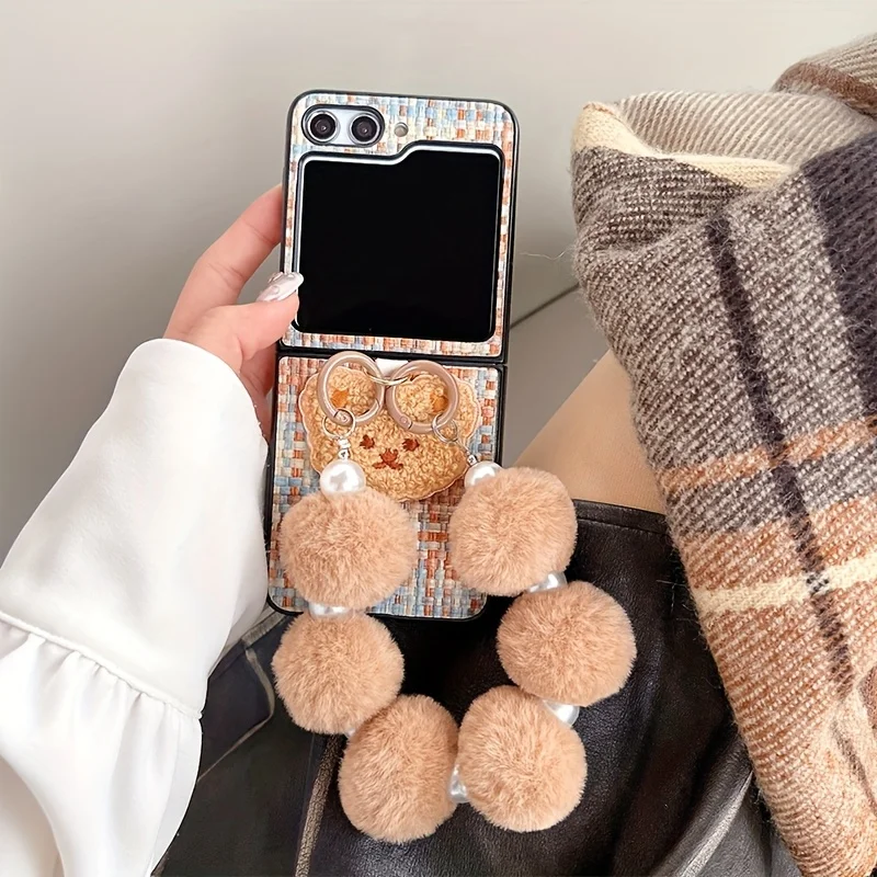 Personality Bear Women's Veneer Folding Phone Case with Plush Bracelet for Samsung Galaxy Z Flip 6 5 4 3